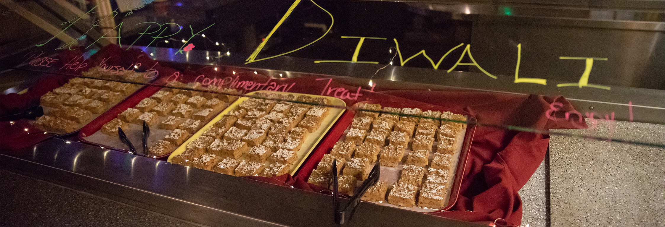 pastries behind a glass counter